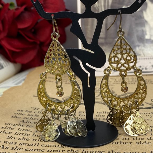 Two Pairs Gold Tone Boho Dangle Earrings - Picture 2 of 8